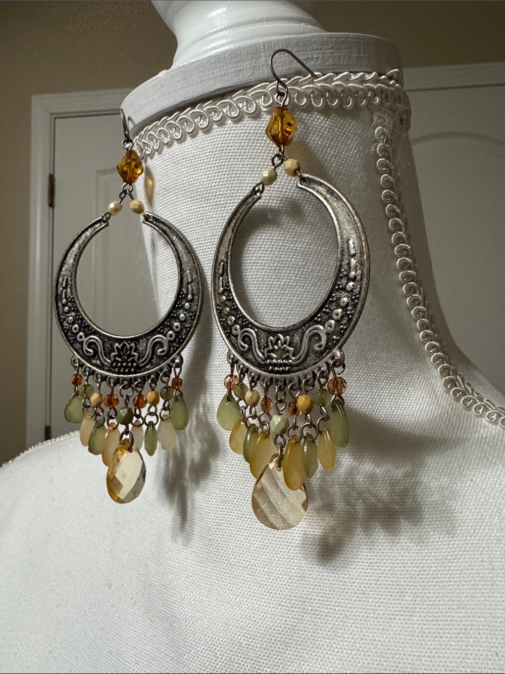 Boho Crescent Drop Earrings with Green and Amber Beads - Unbranded - Picture 2 of 3